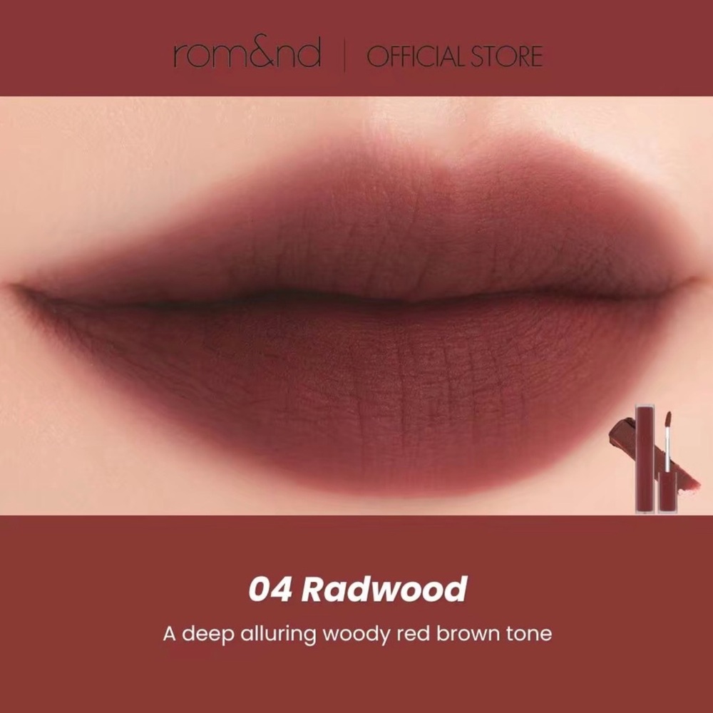 Rom&nd 04 Radwood Blur Fudge Tint- woodsy red brown shade, matte, long wear